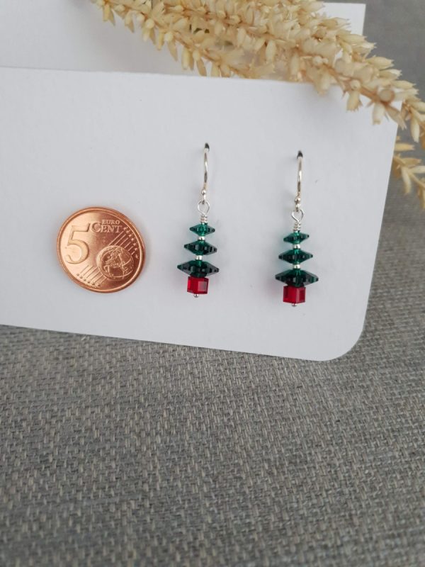 Green and red Christmas tree earrings as long as a 5 cent piece