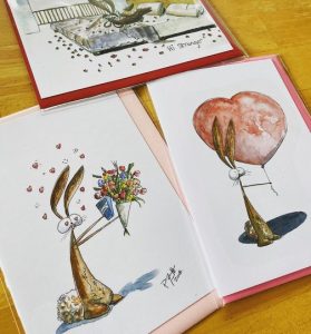 Selection of hand illustrated love cards with bunnies, flowers and hearts