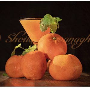 a glass on freshly squeezed orange juice surrounded by four small oranges and a sprig of mint