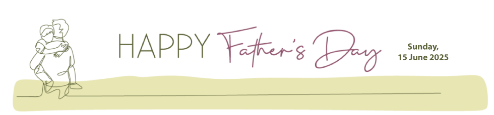 Fathers-day-banner-WMP2025 Line art image of a father with a child in arms and text to say Happy Fathers day June 15th 2025