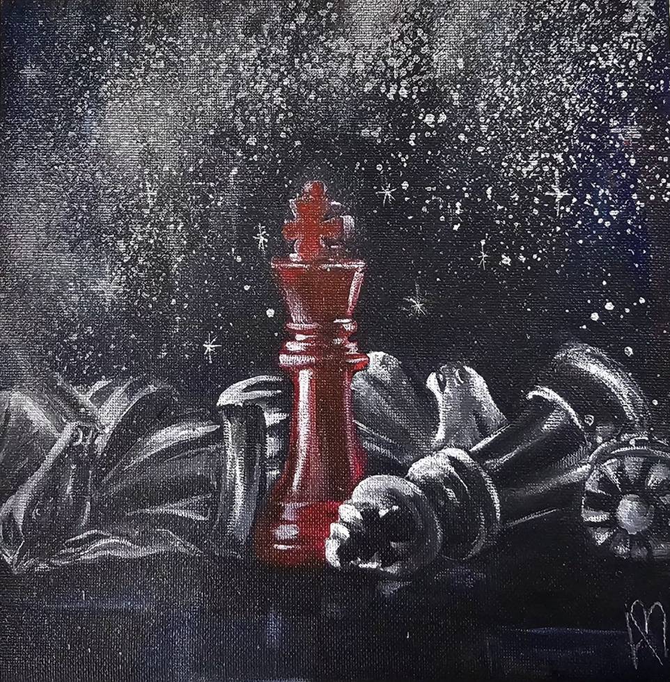 Original acrylic artwork by Irish artist Agne Bukaty, featuring a vivid red chess king surrounded by fallen black and white chess pieces. Expressive brushwork, textured layers and strong red, black and white contrast create a dramatic contemporary composition.
