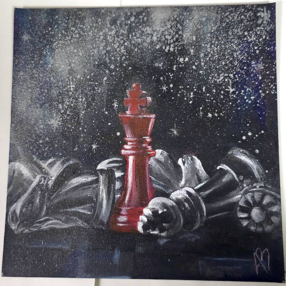 The Weight of the Crown — an original acrylic chess painting exploring power, strategy and the aftermath of the game.