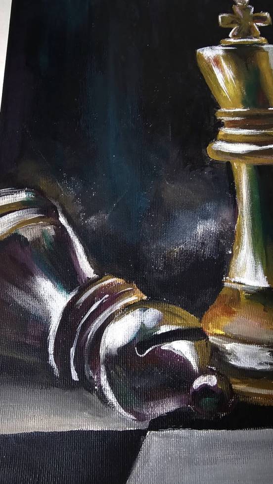 A Game of Minds, an original acrylic painting by Irish artist Agne Bukaty, featuring a golden chess king surrounded by fallen chess pieces.