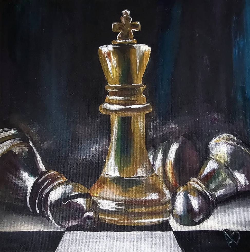 A Game of Minds, an original acrylic painting by Irish artist Agne Bukaty, featuring a golden chess king surrounded by fallen chess pieces.